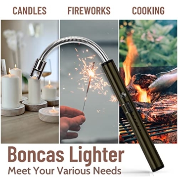 Boncas Flexible Arc Lighter USB Candle Lighter Plasma Lighter Rechargeable Windproof Lighter Long for Household Camping Cooking BBQ Olive Gray (Candle Not Include)
