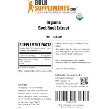 BulkSupplements.com Organic Beet Root Extract Powder - Superfood Supplement, Beets Supplements, Beets Powder - Vegan & Gluten Free, 400mg per Serving, 1kg (2.2 lbs) (Pack of 1)