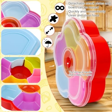 Hslife Divided Snack Serving Tray with Lid, Reusable Veggie Tray Snackle Box Container, Colored Flower Shaped Fruit Trays Large, Candy and Nut Snack Tray Appetizer Platter for Party, Travel