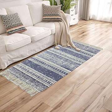 ABREEZE Cotton Rug Runner 2'x4.3', Boho Rug for Bedroom, Hand Woven Cotton Fringe Tassel Area Rug for Kitchen Laundry Bathroom Doorway
