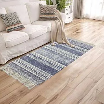 ABREEZE Cotton Rug Runner 2'x4.3', Boho Rug for Bedroom, Hand Woven Cotton Fringe Tassel Area Rug for Kitchen Laundry Bathroom Doorway