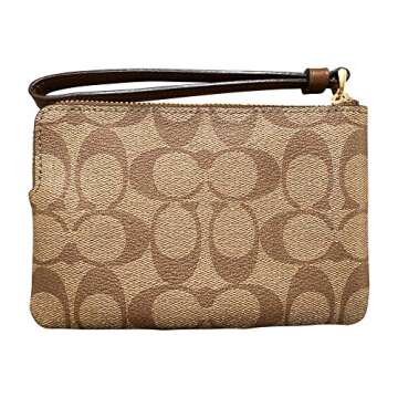 COACH SIGNATURE PVC LEATHER CORNER ZIP WRISTLET, Medium, Khaki/Saddle