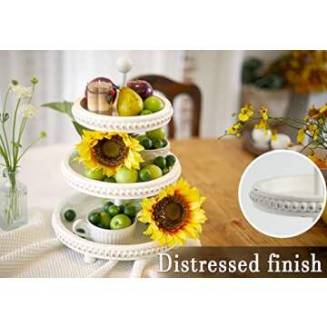 SwallowLiving Farmhouse 3 Tier Tray, White Three Tiered Tray Wood Stand with Shabby Chic Beaded for ...
