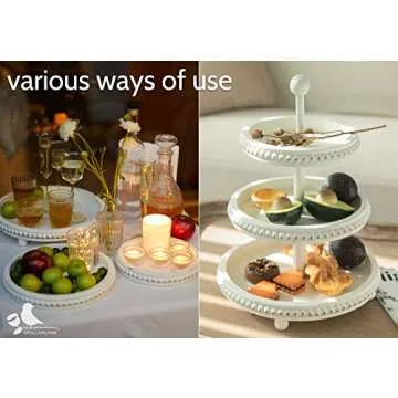 SwallowLiving Farmhouse 3 Tier Tray, White Three Tiered Tray Wood Stand with Shabby Chic Beaded for Home & Kitchen or Coffee Bar Decorations, 12.4 x 12.4 x 16.5 inchs