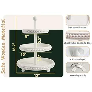SwallowLiving Farmhouse 3 Tier Tray, White Three Tiered Tray Wood Stand with Shabby Chic Beaded for Home & Kitchen or Coffee Bar Decorations, 12.4 x 12.4 x 16.5 inchs