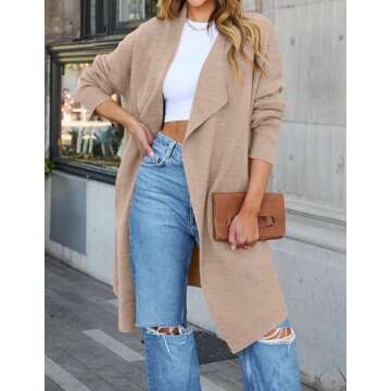 ZESICA Women's Casual Lapel Cardigan Long Sleeve Open Front Irregular Hem Soft Knitted Sweater Coat with Pockets,Oats,Small