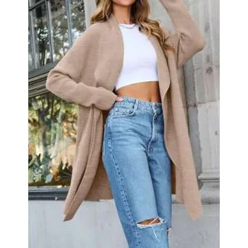 ZESICA Women's Casual Lapel Cardigan Long Sleeve Open Front Irregular Hem Soft Knitted Sweater Coat with Pockets,Oats,Small