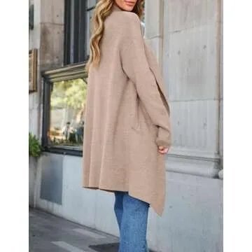 ZESICA Women's Casual Lapel Cardigan Long Sleeve Open Front Irregular Hem Soft Knitted Sweater Coat with Pockets,Oats,Small