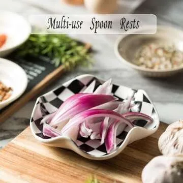 Miamolo Spoon Rest for Stove Top, 5.3in Checkered Spoon Holder Utensil Rest, Ceramic Spoon Rests for Coffee Bar, Kitchen Gadget Cooking Gift for Housewarming