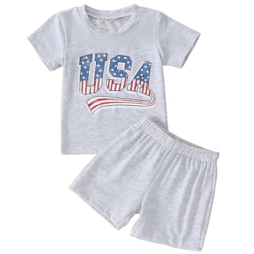 BOUTIKOME Toddler Baby 4th of July Outfit Boy Girl Oversized Romper USA Shirts Shorts Set American F...