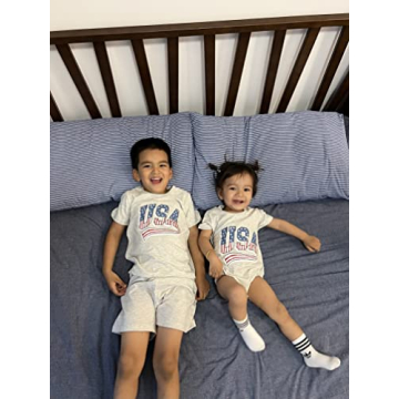 BOUTIKOME Toddler Baby 4th of July Outfit Boy Girl Oversized Romper USA Shirts Shorts Set American Flag Matching Clothes