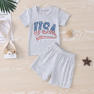 BOUTIKOME Toddler Baby 4th of July Outfit Boy Girl Oversized Romper USA Shirts Shorts Set American Flag Matching Clothes