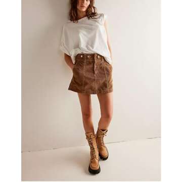 Freyhem Womens Corduroy High-Rise A-line Silhouette Mini Zip Placket Button Loop Closure Skirt with Pockets(Brown-Medium)