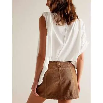 Freyhem Womens Corduroy High-Rise A-line Silhouette Mini Zip Placket Button Loop Closure Skirt with Pockets(Brown-Medium)