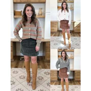 Freyhem Womens Corduroy High-Rise A-line Silhouette Mini Zip Placket Button Loop Closure Skirt with Pockets(Brown-Medium)