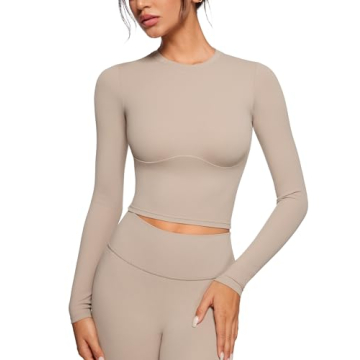 INGIA Womens Long Sleeve High Round Neck Crop Yoga Shirts Workout Slim Fit Casual Gym Tops in Sand M...