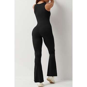 QINSEN Black Jumpsuit for Women Sleeveless Sexy Suqare Neck Stretch Flare Leggings Romper Unitard L
