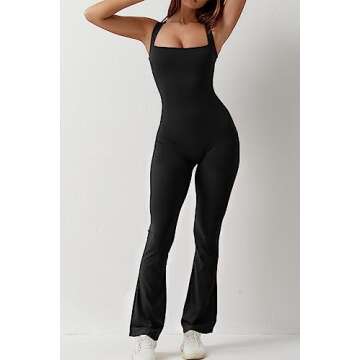 QINSEN Black Jumpsuit for Women Sleeveless Sexy Suqare Neck Stretch Flare Leggings Romper Unitard L