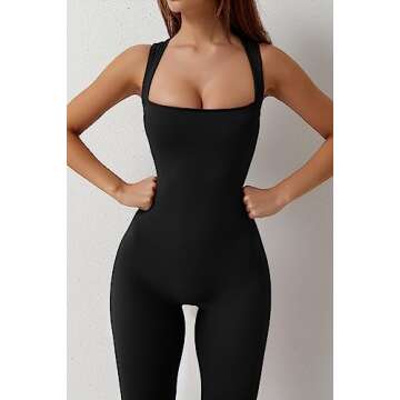QINSEN Black Jumpsuit for Women Sleeveless Sexy Suqare Neck Stretch Flare Leggings Romper Unitard L