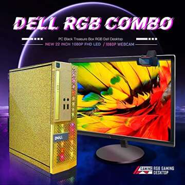 PC Gold Treasure Box RGB Dell Desktop Quad Core I5 up to 3.6G, 16G, 512G SSD, WiFi, Bluetooth 4.0, RGB Gaming Keyboard & Mouse, DVD, New 22" 1080 FHD LED, RGB Sound Bar, Webcam, Win 10 Pro (Renewed)