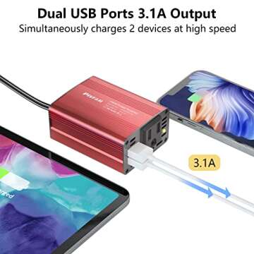 150W Car Power Inverter DC 12v to AC 110v Converter, Car Plug Outlet Adapter with 2 USB Ports and 1 AC Socket, Road Trip Essentials Accessories