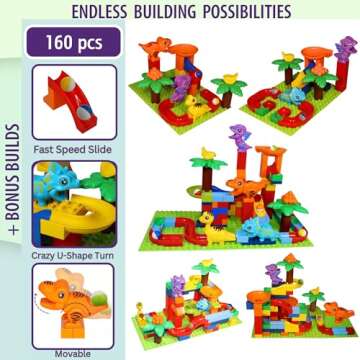 Marble Run for Kids Ages 3-5 & Up (160 pcs)- Dino Dash Building Block Marble Track Compatible w/Duplo Blocks - STEM Marble Run Set - Montessori Marble Runs for Kids 4-8 - Marble Set
