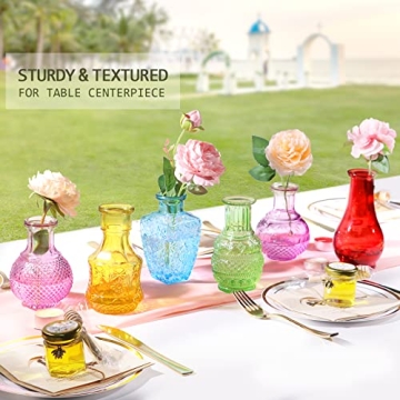 Colorful Glass Single Bud Vases Set of 6,BIGIVACA Vintage Bud Vases in Bulk,Small Colored Embossed Flower Vase Set for Home Decor,Mini Cut Glass Bud Vase for Centerpiece,Events,Garden,Wedding