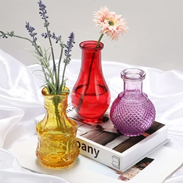 Colorful Glass Single Bud Vases Set of 6,BIGIVACA Vintage Bud Vases in Bulk,Small Colored Embossed Flower Vase Set for Home Decor,Mini Cut Glass Bud Vase for Centerpiece,Events,Garden,Wedding