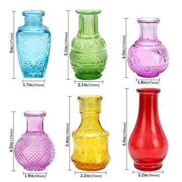 Colorful Glass Single Bud Vases Set of 6,BIGIVACA Vintage Bud Vases in Bulk,Small Colored Embossed Flower Vase Set for Home Decor,Mini Cut Glass Bud Vase for Centerpiece,Events,Garden,Wedding