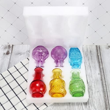 Colorful Glass Single Bud Vases Set of 6,BIGIVACA Vintage Bud Vases in Bulk,Small Colored Embossed Flower Vase Set for Home Decor,Mini Cut Glass Bud Vase for Centerpiece,Events,Garden,Wedding