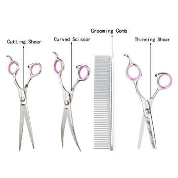 GEMEK Pet Cat Dog Grooming Scissors Set 4 Pieces Stainless Steel Professional Pet Trimmer Kit - 7.5 inch Straight Cutting Scissors, Thinning Shears, Curved Scissors, Grooming Combs
