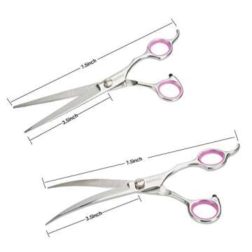 GEMEK Pet Cat Dog Grooming Scissors Set 4 Pieces Stainless Steel Professional Pet Trimmer Kit - 7.5 inch Straight Cutting Scissors, Thinning Shears, Curved Scissors, Grooming Combs