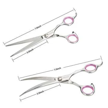 GEMEK Pet Cat Dog Grooming Scissors Set 4 Pieces Stainless Steel Professional Pet Trimmer Kit - 7.5 inch Straight Cutting Scissors, Thinning Shears, Curved Scissors, Grooming Combs