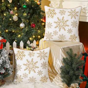 Lewondr 18 x 18 Inches Pack of 2 Christmas Throw Pillow Covers, Soft Velvet Decorative Square Throw Pillow Cases with Embroidery Snowflakes Cute Pillowcases for Christmas Decor Bed Sofa Couch, White