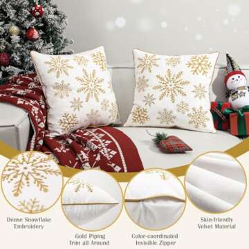 Lewondr 18 x 18 Inches Pack of 2 Christmas Throw Pillow Covers, Soft Velvet Decorative Square Throw Pillow Cases with Embroidery Snowflakes Cute Pillowcases for Christmas Decor Bed Sofa Couch, White