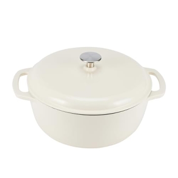 Amazon Basics Cast Iron Dutch Oven Pot with Lid, Enameled, Round, Dual Handles, Heavy-Duty, Medium, 6-Quart, White