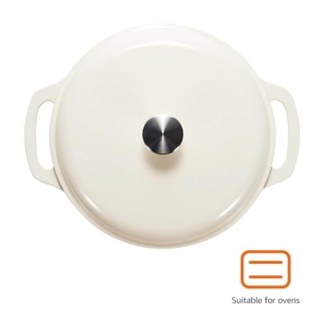 Amazon Basics Cast Iron Dutch Oven Pot with Lid, Enameled, Round, Dual Handles, Heavy-Duty, Medium, 6-Quart, White