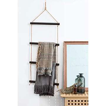 Dahey Blanket Ladder Scarf Holder Rack, Bath Towel Rack Bar Storage Ladder Wood Wall Hanging Living ...