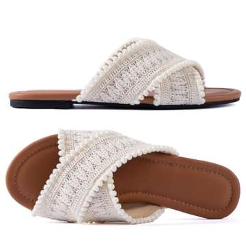 Mtzyoa Women Flat Sandals - Ivory Crossover Braided Comfy Summer Slides