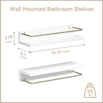 Boswillon Floating Shelves with Metal Gold Guardrail, Wall Mounted Bathroom Shelf for Wall Decor Set of 2, Modern White Wall Storage Shelves for Bedroom, Bathroom, Kitchen, Living Room - White & Gold