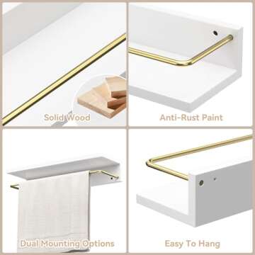 Boswillon Floating Shelves with Metal Gold Guardrail, Wall Mounted Bathroom Shelf for Wall Decor Set of 2, Modern White Wall Storage Shelves for Bedroom, Bathroom, Kitchen, Living Room - White & Gold
