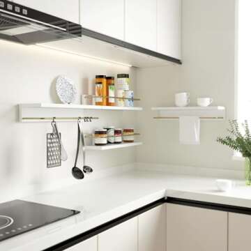 Boswillon Floating Shelves with Metal Gold Guardrail, Wall Mounted Bathroom Shelf for Wall Decor Set of 2, Modern White Wall Storage Shelves for Bedroom, Bathroom, Kitchen, Living Room - White & Gold