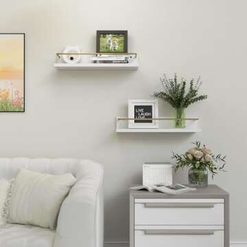 Boswillon Floating Shelves with Metal Gold Guardrail, Wall Mounted Bathroom Shelf for Wall Decor Set of 2, Modern White Wall Storage Shelves for Bedroom, Bathroom, Kitchen, Living Room - White & Gold