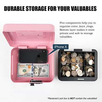 KYODOLED Medium Cash Box with Combination Lock Safe Metal Money Box with Money Tray for Security Loc...