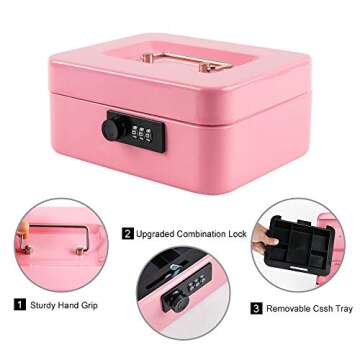 KYODOLED Medium Cash Box with Combination Lock Safe Metal Money Box with Money Tray for Security Lock Box 7.87x 6.30x 3.54Inch Pink Medium