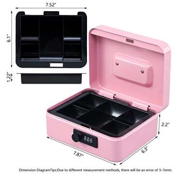 KYODOLED Medium Cash Box with Combination Lock Safe Metal Money Box with Money Tray for Security Lock Box 7.87x 6.30x 3.54Inch Pink Medium