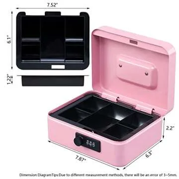 KYODOLED Medium Cash Box with Combination Lock Safe Metal Money Box with Money Tray for Security Lock Box 7.87x 6.30x 3.54Inch Pink Medium