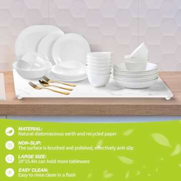 Large Size Stone Dish Drying Mat for Kitchen Counter, 24×15.4Inches, Eco-Friendly Diatomaceous Earth Stone Mat, Ultra Absorbent, Quick Dry, Non-slip, Heat Resistant, Multi-purpose mats(White Marble).