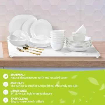 Large Size Stone Dish Drying Mat for Kitchen Counter, 24×15.4Inches, Eco-Friendly Diatomaceous Earth Stone Mat, Ultra Absorbent, Quick Dry, Non-slip, Heat Resistant, Multi-purpose mats(White Marble).