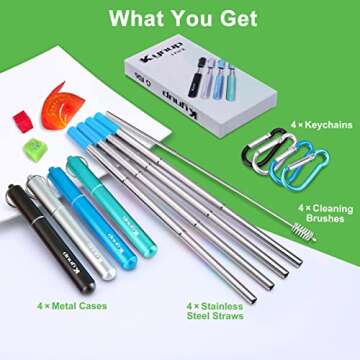 Kynup 4Packs Reusable Straws, Metal Straw with Silicon, Travel Drinking Straws with Metal Case, Keychain, Cleaning Brushes, Silicon Pcs Perfect for Travel, Gifts (20 PCS) Blue-Black-Silver-Turquoise